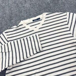 Bossini Striped Long Sleeve Shirt M White Black V-Neck Cotton Top Womens